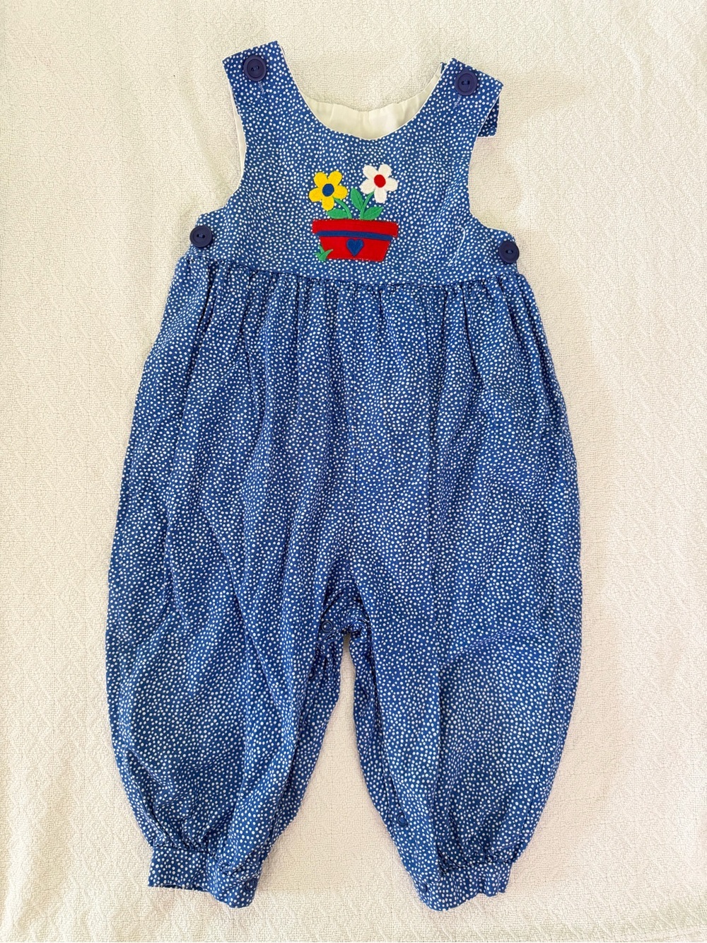 p.a. kids Vintage Blue and White Polka Dot Romper with Flower Applique